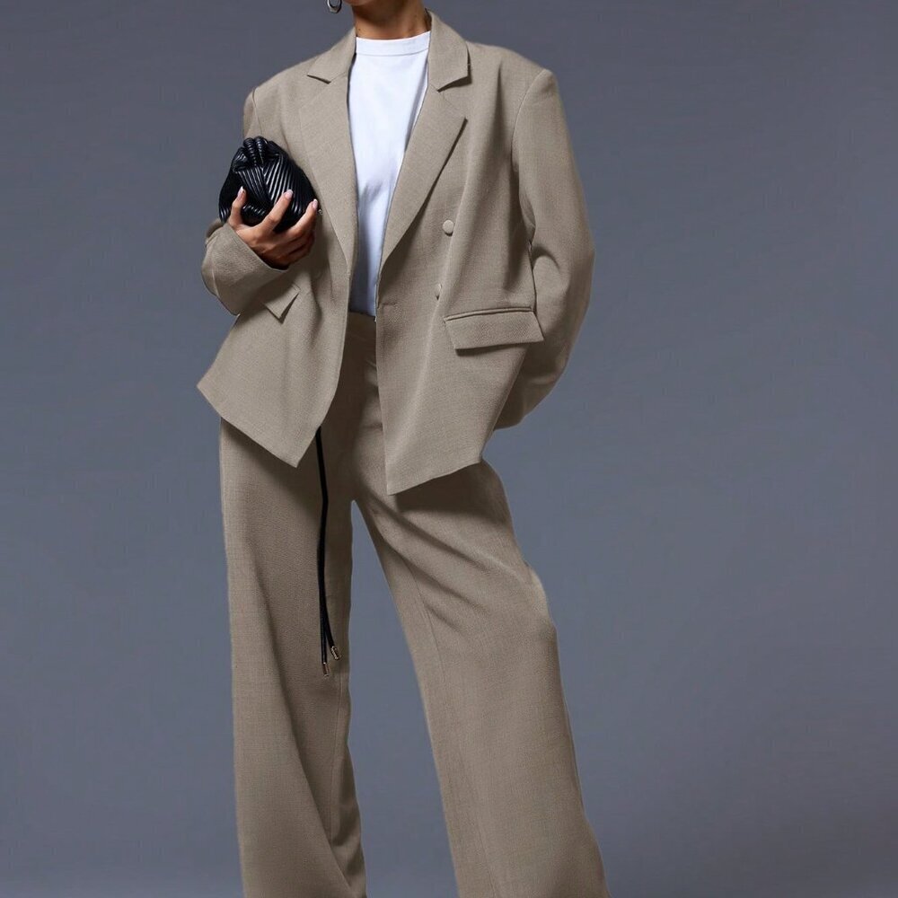 Khaki Elegant Women's Oversized Tailored Blazer